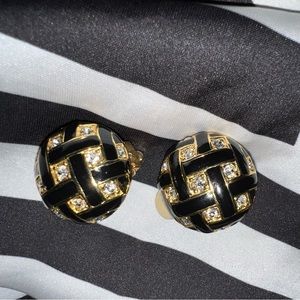 Vintage black and goldtone earrings with rhinestones.